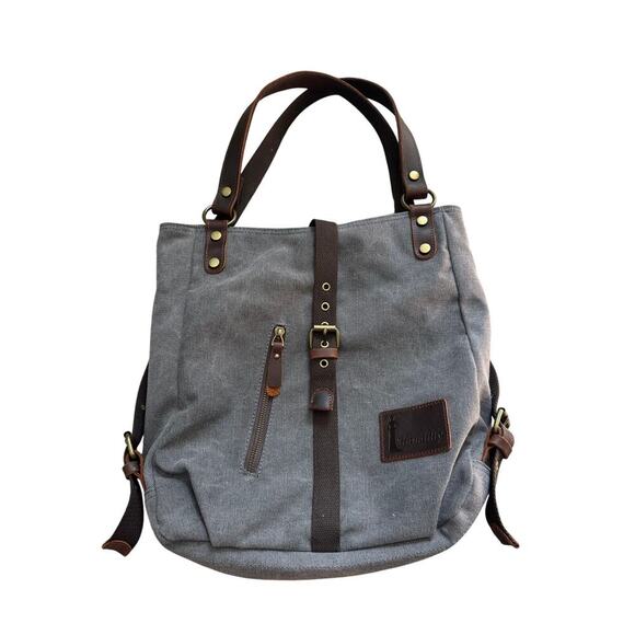 Hanalilly Convertible Backpack/Purse, Tan Canvas & Leather - Picture 1 of 13